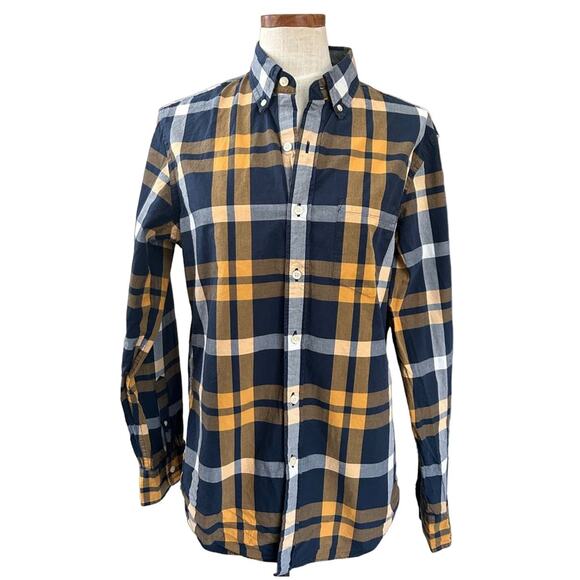 J Crew Mens Plaid Button Down Shirt Slim Fit Navy Yellow Preppy Size M Cottage - Picture 1 of 6